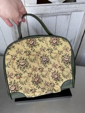 Vintage Tapestry Handbag Floral Petit Point Top Handle Purse 60s-70s Green Vinyl